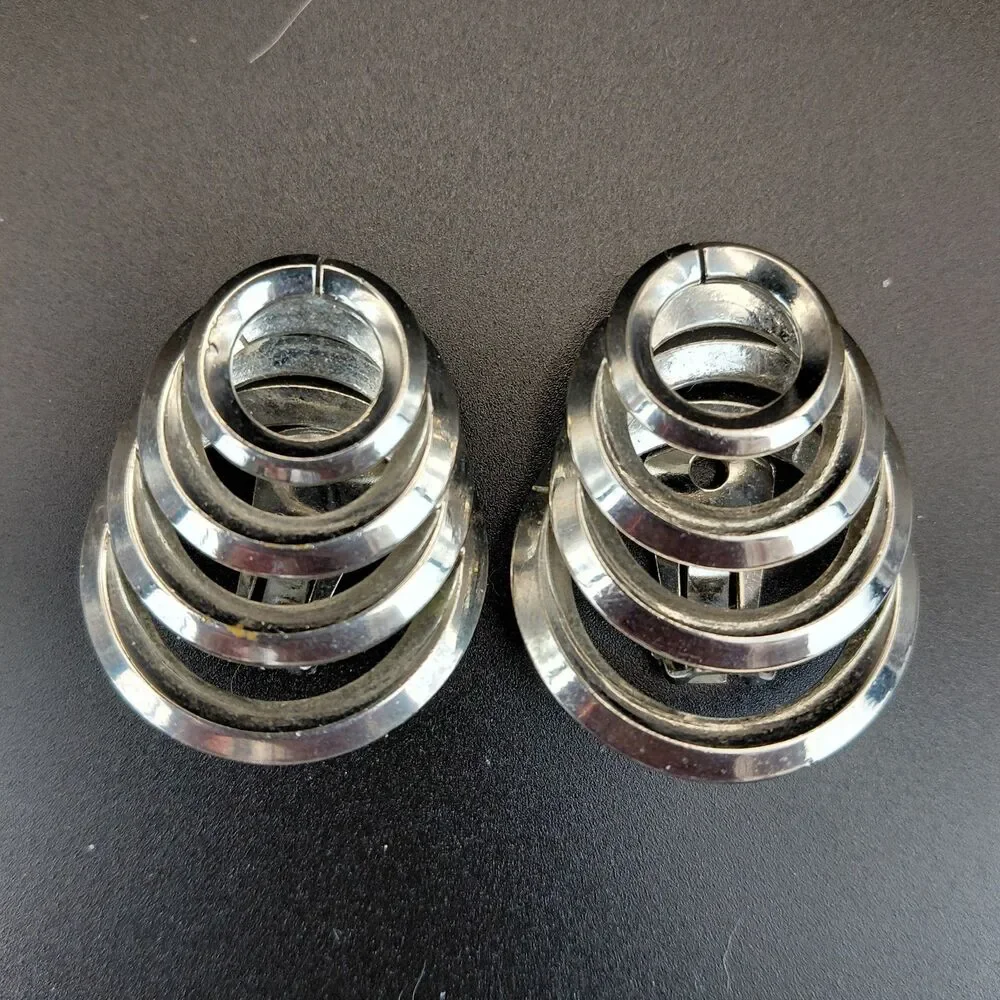 Vintage Space Age Chrome Clip On Earrings 1980s Geometric Concentric Spiral